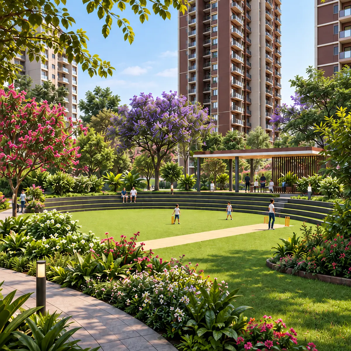 Landscaped lawn and tree-lined walk at Kalyani Kanakapura Road - artist's impression Landscaped lawn and tree-lined walk at Kalyani Kanakapura Road - artist's impression