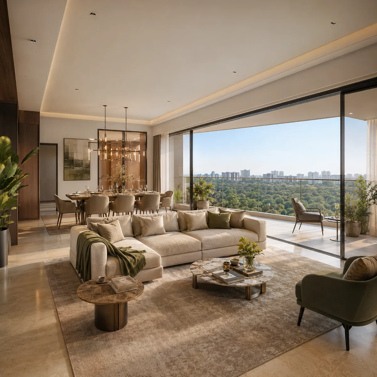 Living and dining interior of a large-format home with a deep balcony at Kalyani Kanakapura Road, Konanakunte